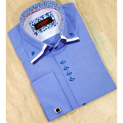 Axxess Ocean Blue / White Pinstripes With Triple Layered Collar 100% Cotton Dress Shirt